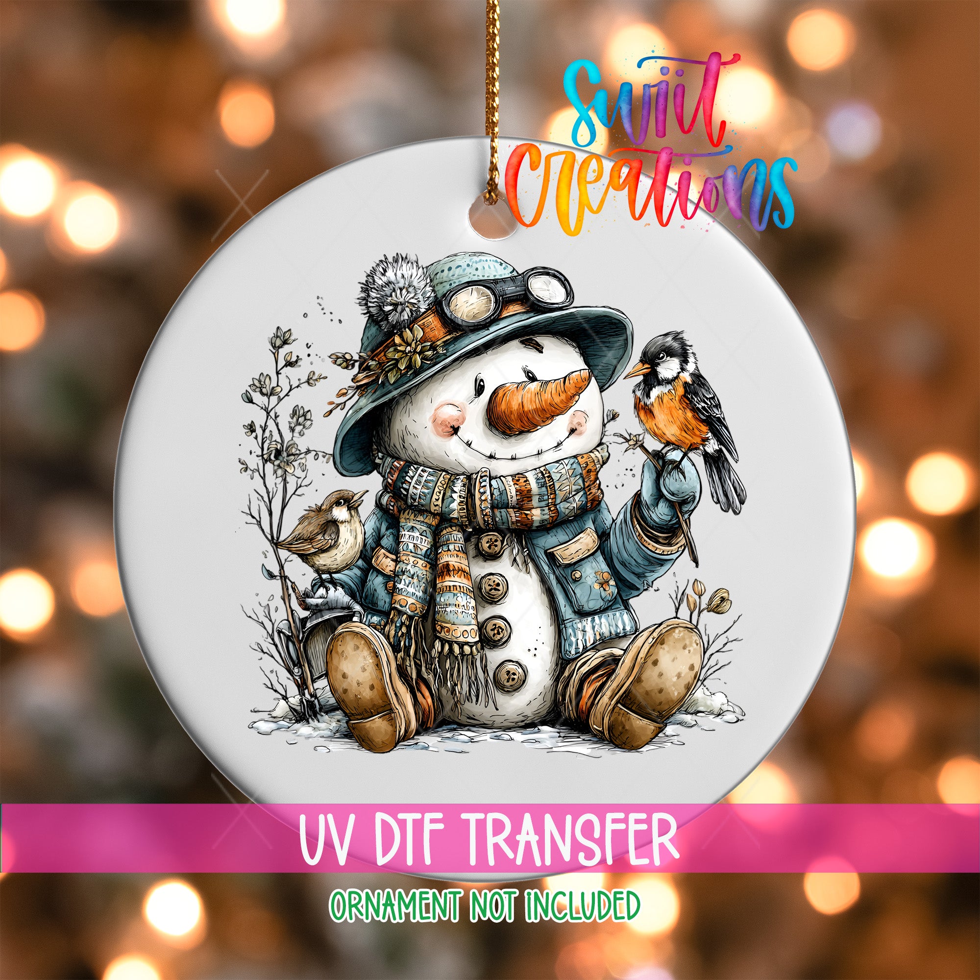 A snowman ornament with a bird perched on its hand, set against a blurred background with twinkling lights.