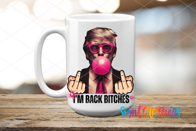 a coffee mug with a picture of a man blowing a bubble