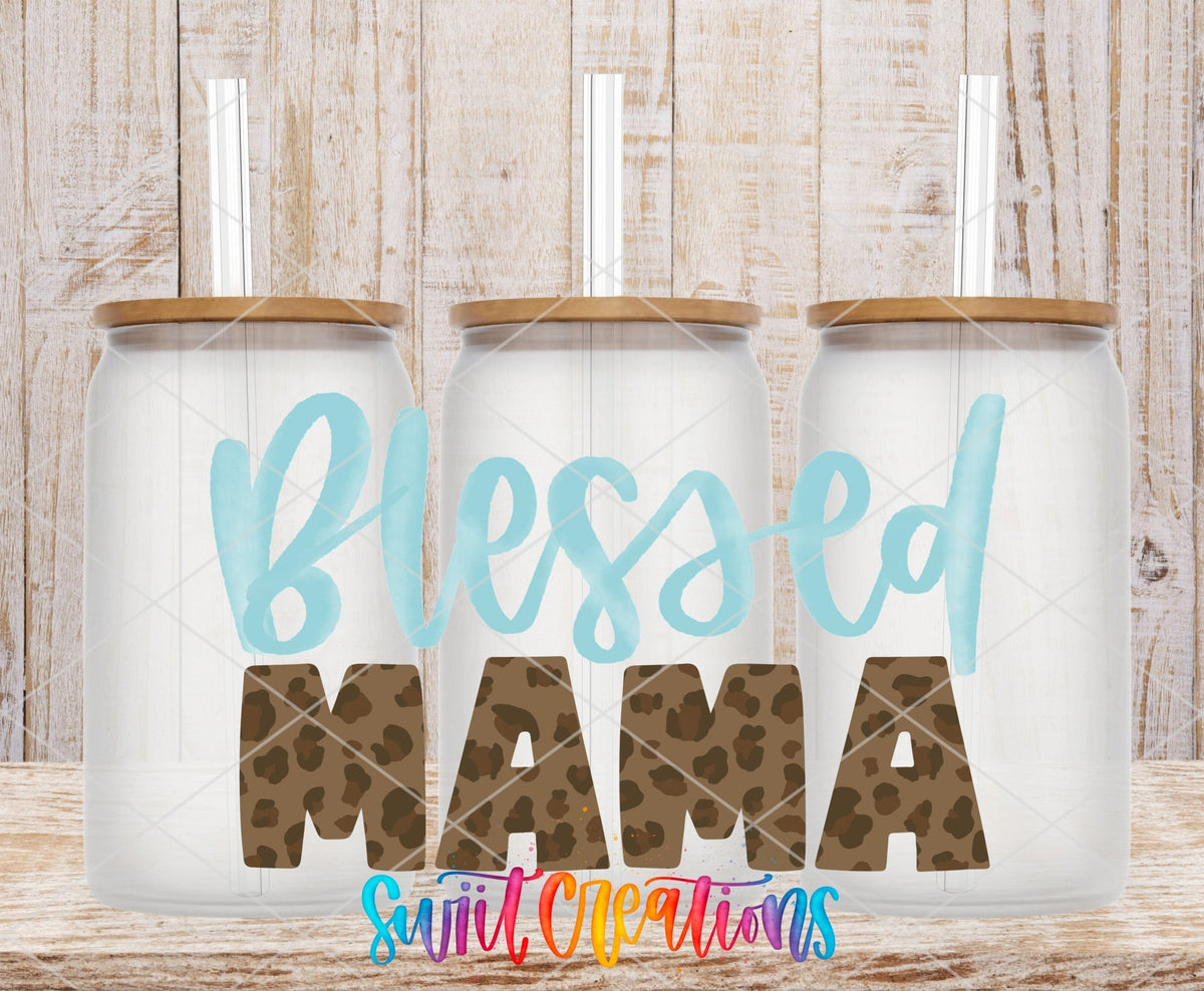 Blessed Mama UV DTF wrap on three clear glass cans with bamboo lids