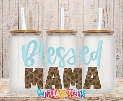 Blessed Mama UV DTF wrap on three clear glass cans with bamboo lids