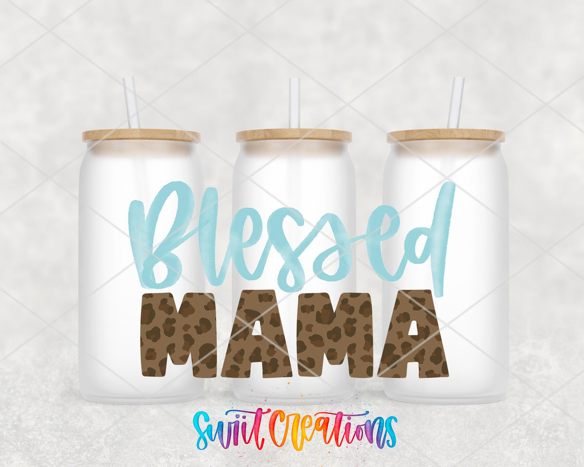 Blessed Mama UV DTF wrap on three frosted glass cans