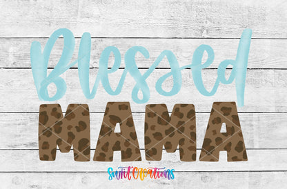 Blessed Mama UV DTF wrap artwork on a white wood background