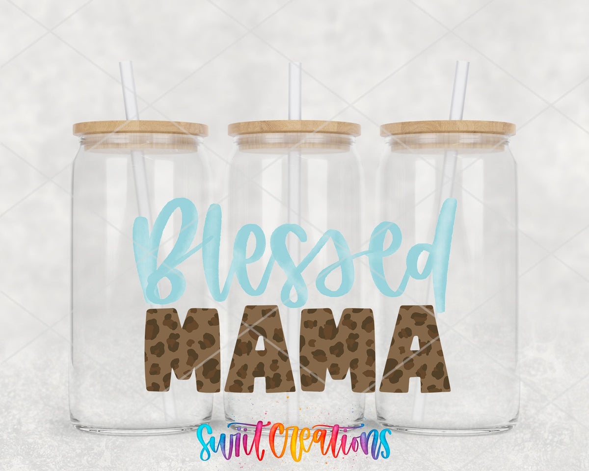 Blessed Mama UV DTF wrap on three glass cans