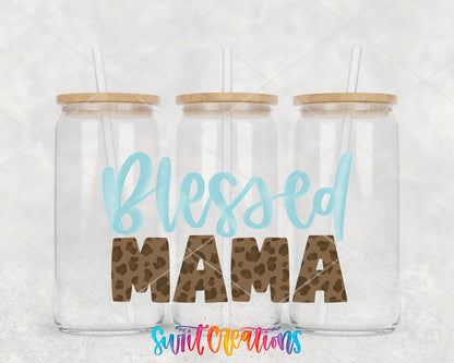 Blessed Mama UV DTF wrap on three glass cans