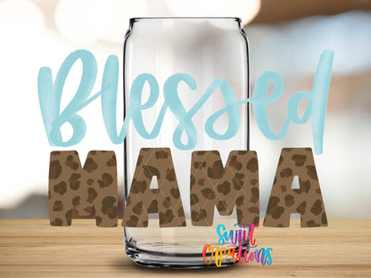 Close-up of the Blessed Mama UV DTF wrap on a clear glass can