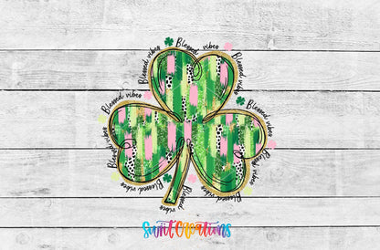 Blessed Vibes UV DTF transfer artwork on a white wood background