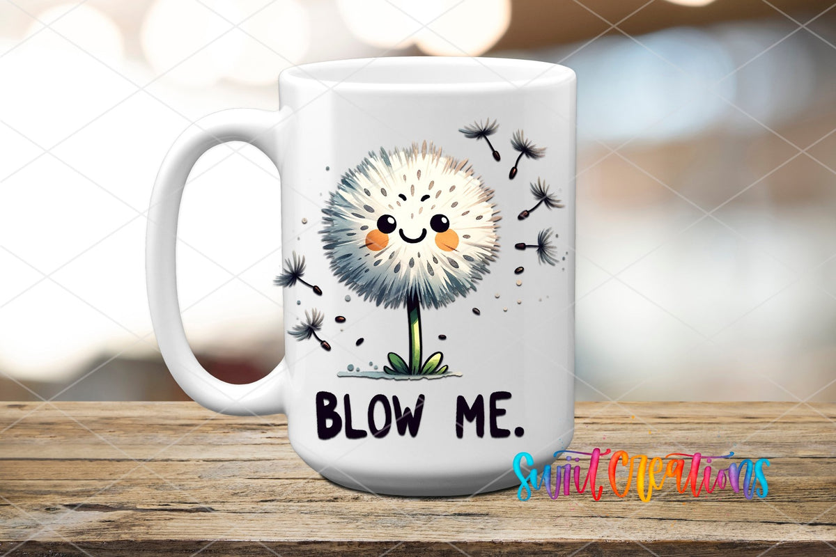 Blow Me UV DTF transfer on a white ceramic coffee mug