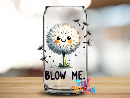Close-up of the Blow Me UV DTF transfer on a clear glass can