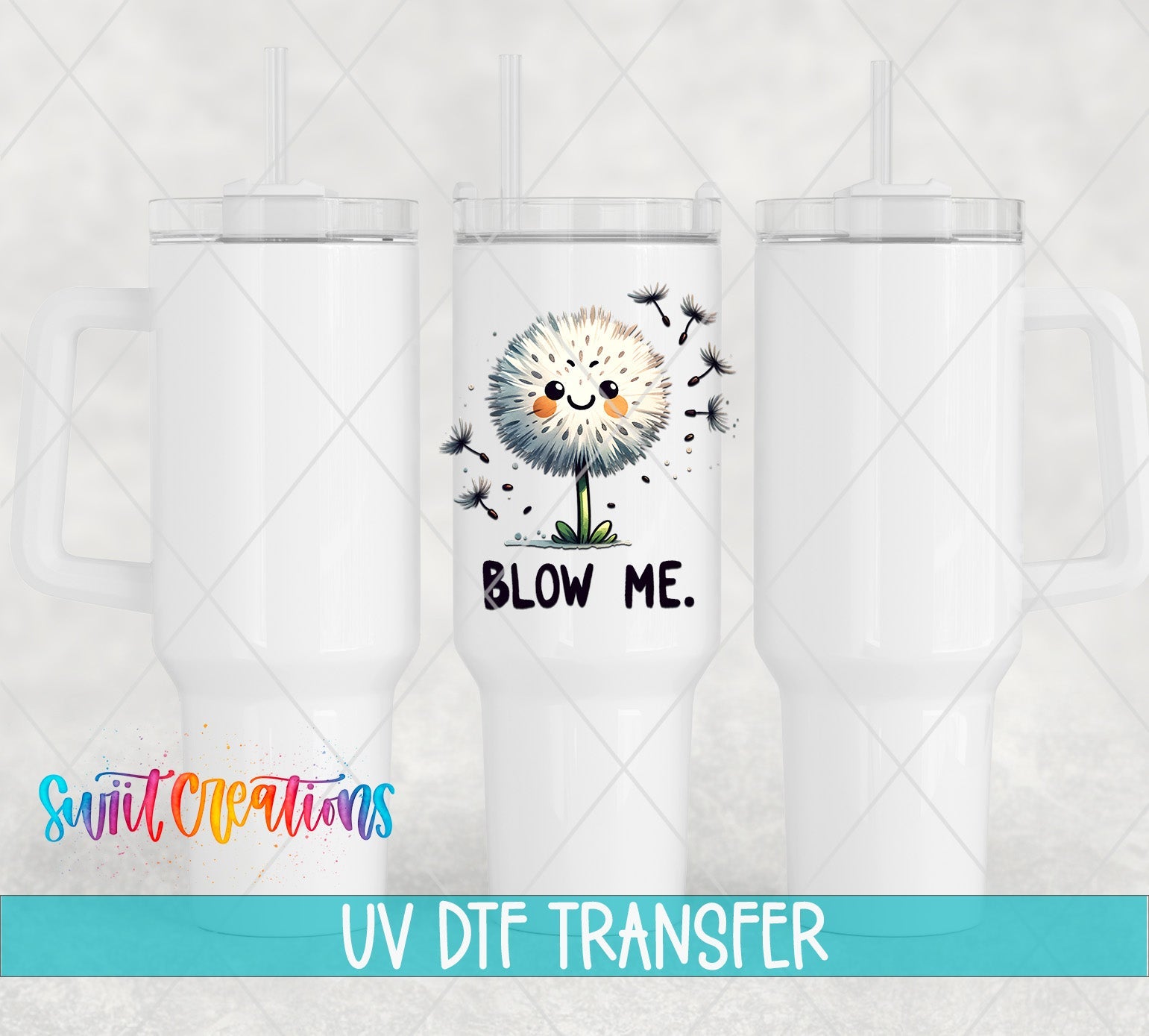 Blow Me Funny Sassy UV DTF transfer applied to a white tumbler set from Swiit Creations