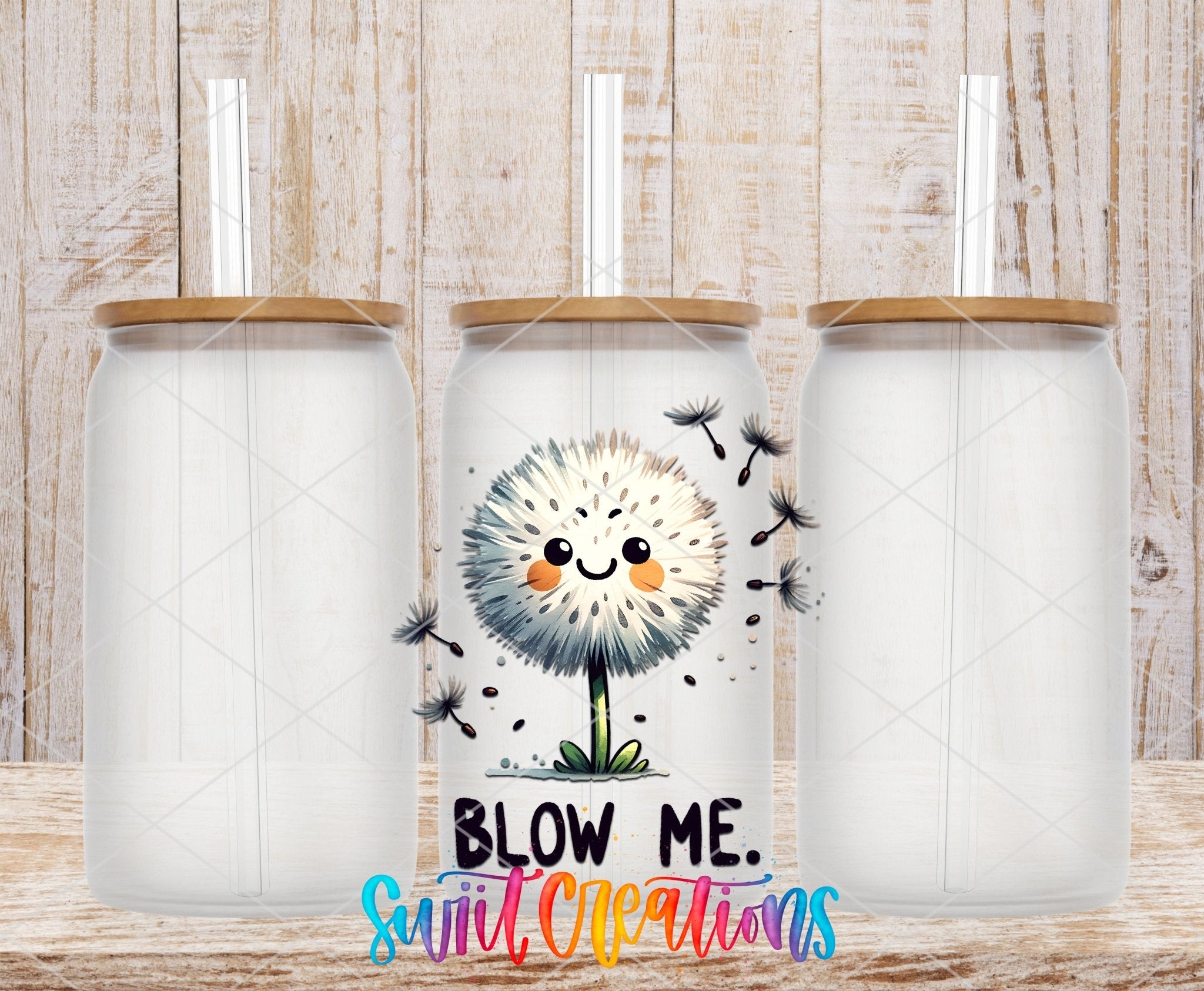Blow Me Funny Sassy UV DTF transfer applied to a clear glass can set from Swiit Creations