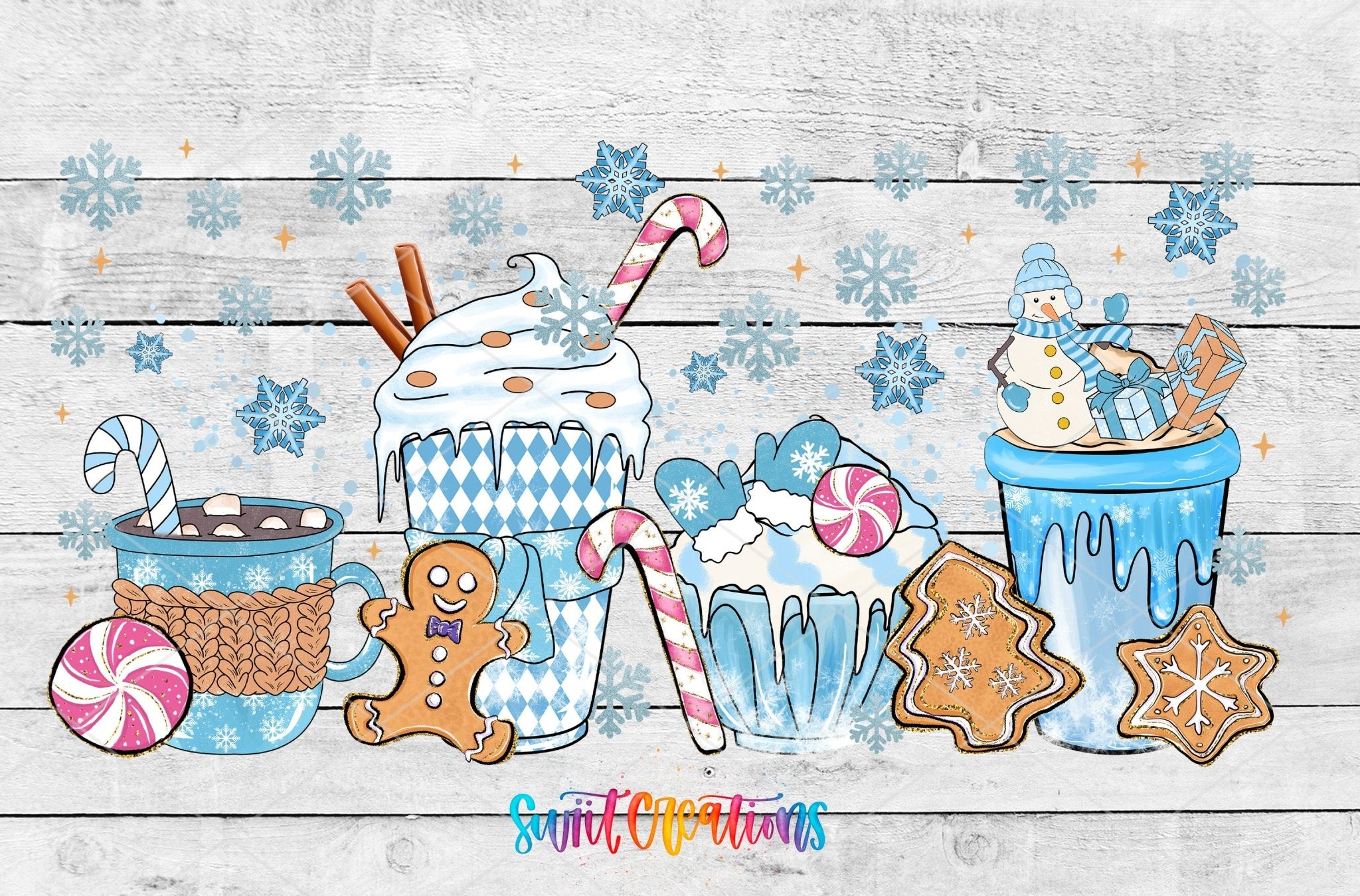 Blue Christmas Cocoa Gingerbread UV DTF Transfer Tumbler Wrap | DTF203 - Swiit Creations