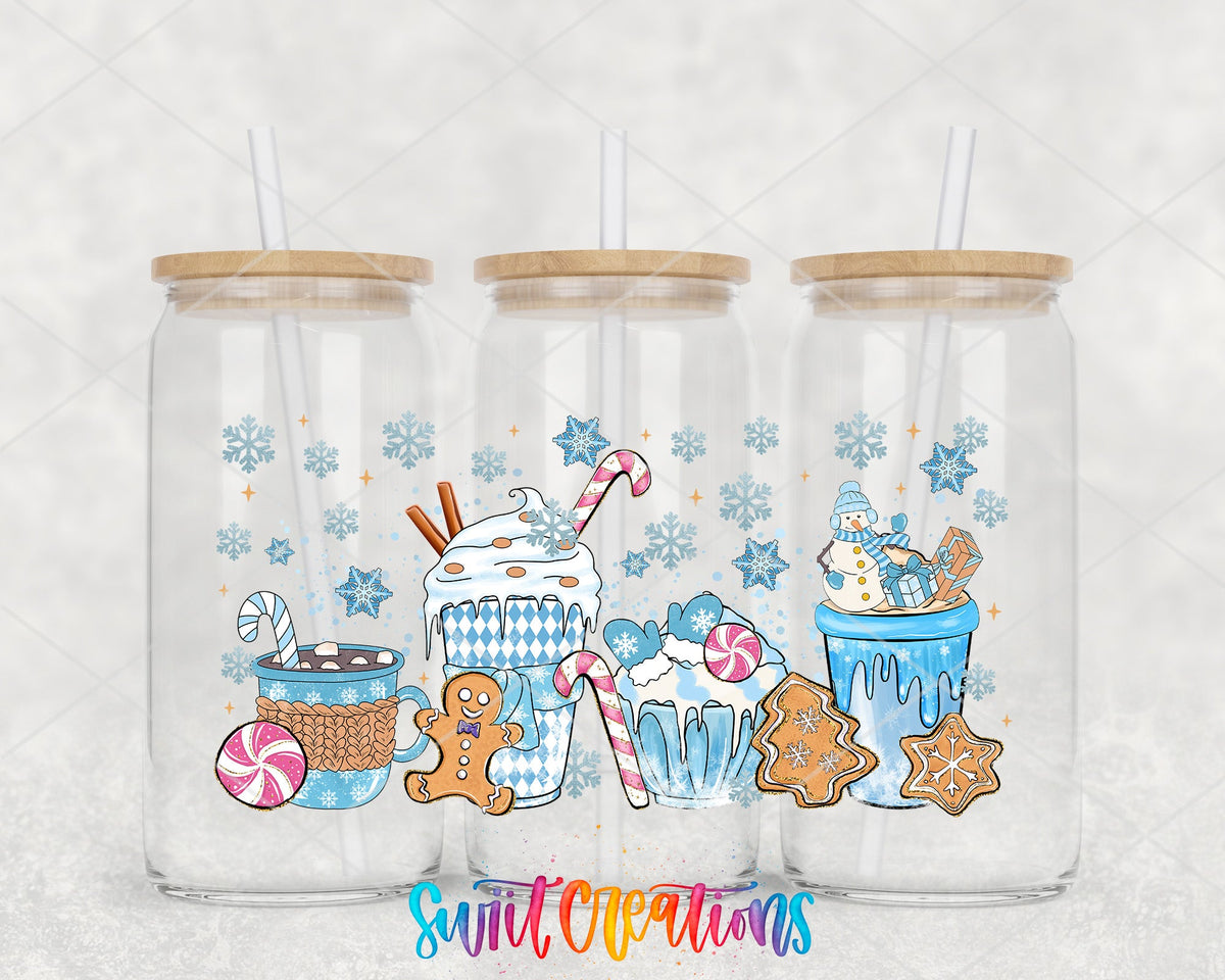 Blue Christmas Cocoa UV DTF wrap on three glass cans