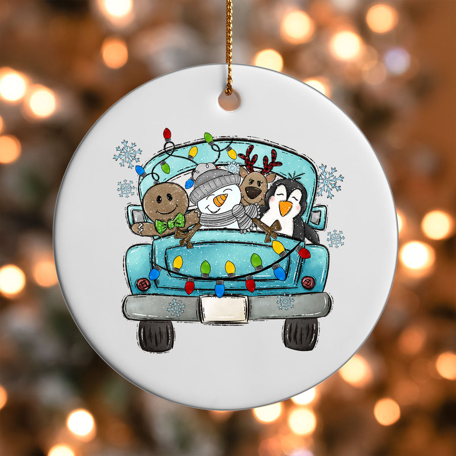 Blue Christmas Truck Ornament UV DTF Transfer | Cute Animal Friends | O-1692