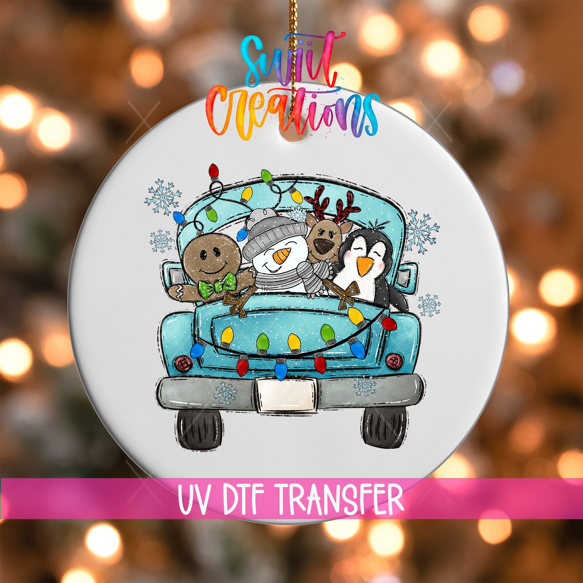 Blue Christmas Truck UV DTF Ornament Transfer | Cute Animal Friends Holiday Transfer | O-1692 - Swiit Creations