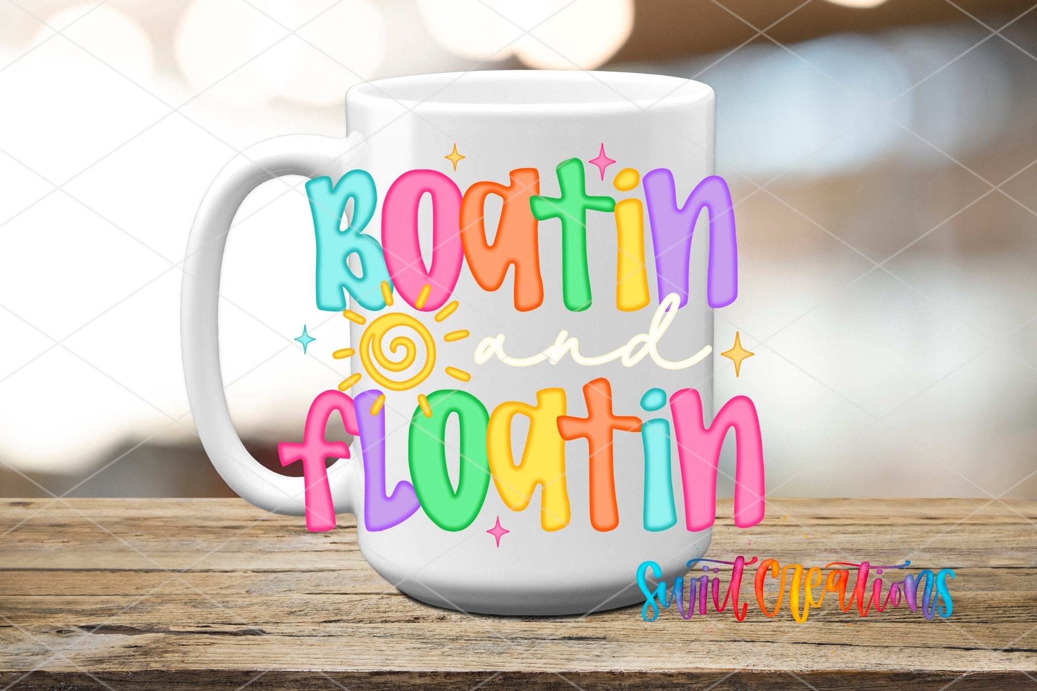 Boatin And Floatin UV DTF transfer displayed on a white ceramic mug from Swiit Creations