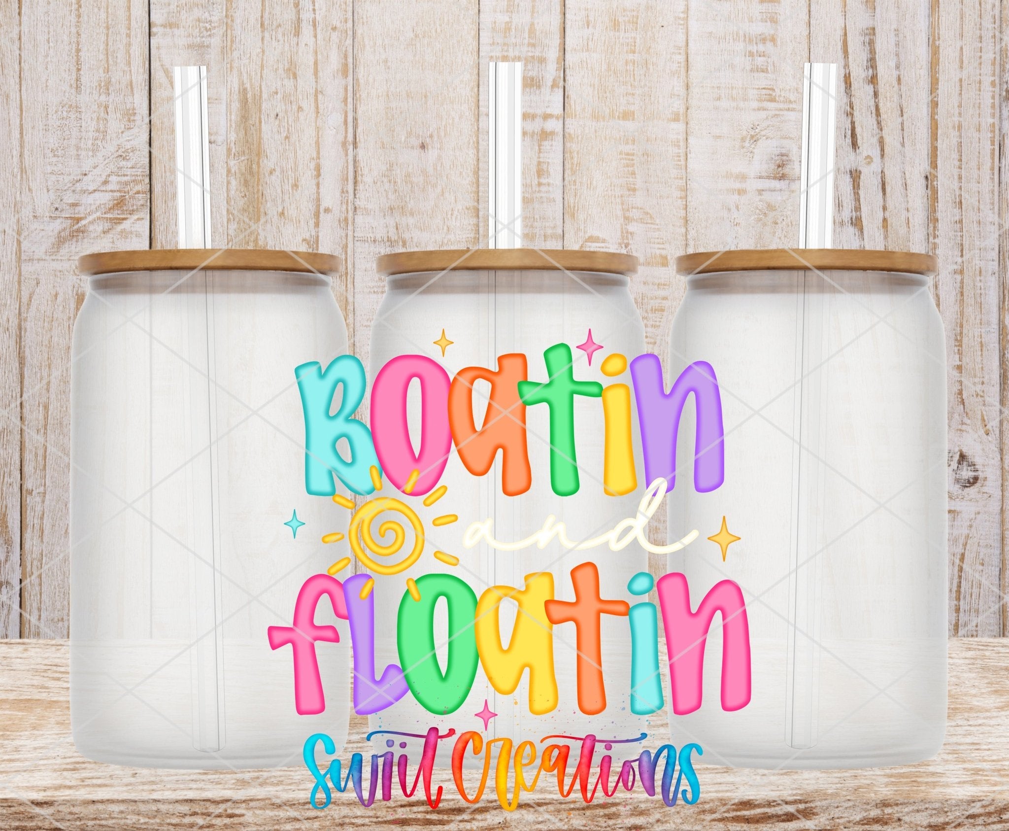 Boatin And Floatin UV DTF transfer applied to a clear glass can set from Swiit Creations