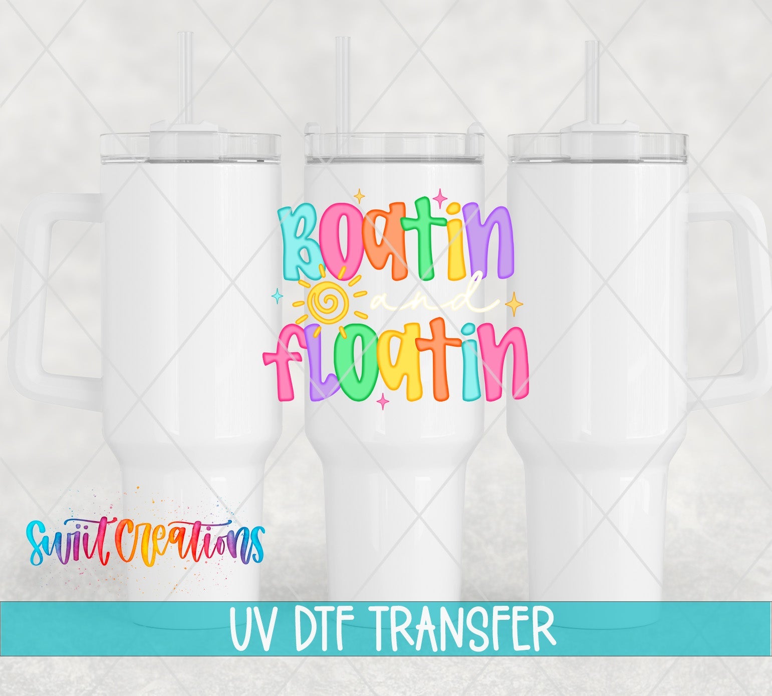 Boatin And Floatin UV DTF transfer applied to a white tumbler set from Swiit Creations