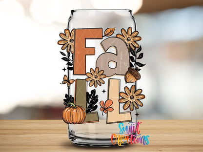 Boho Fall UV DTF transfer applied to a clear glass can from Swiit Creations