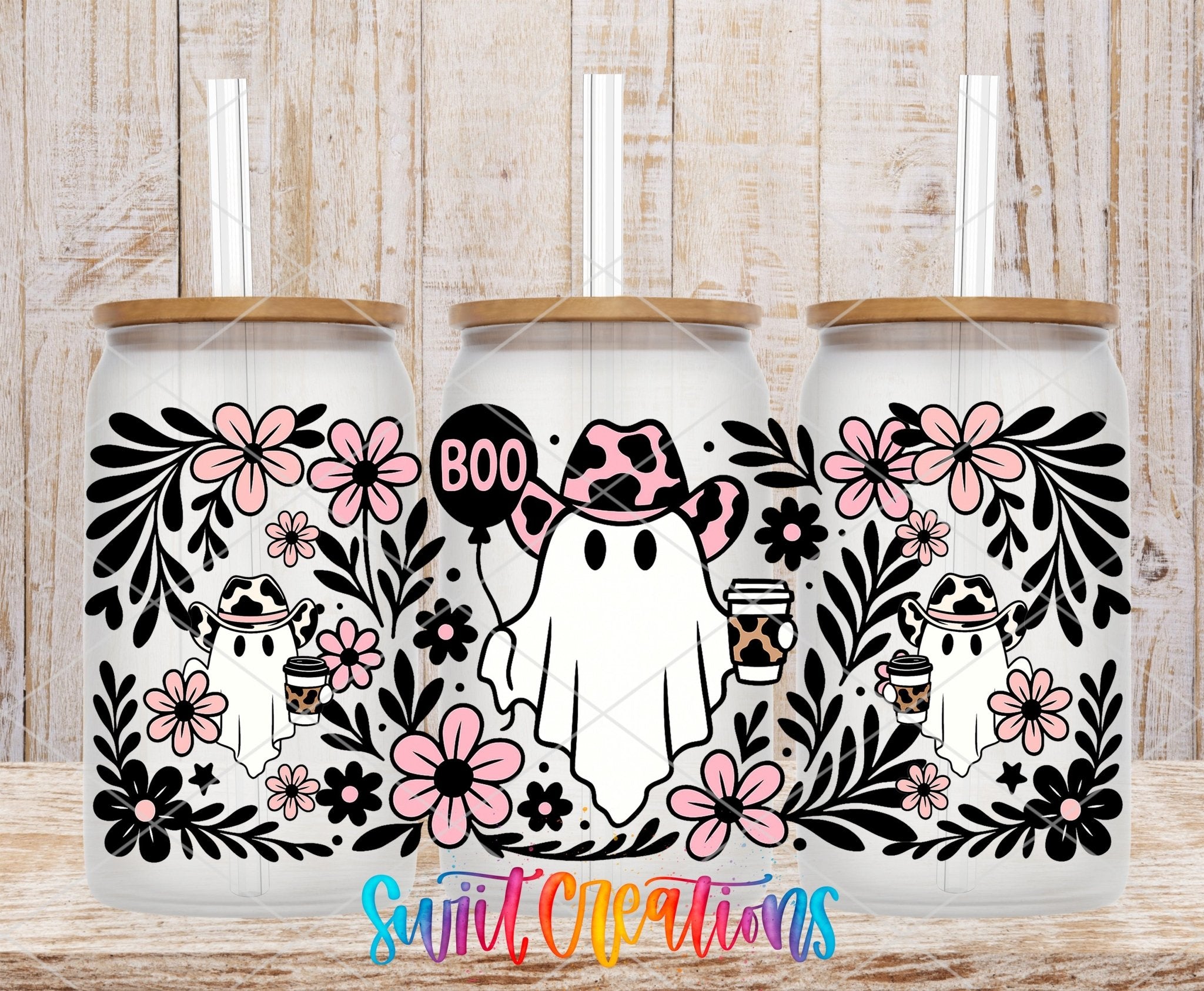Boo Cowgirl Ghost UV DTF Transfer Tumbler Wrap | Pink Floral Western Ghost Cup Decal | DTF274 - Swiit Creations