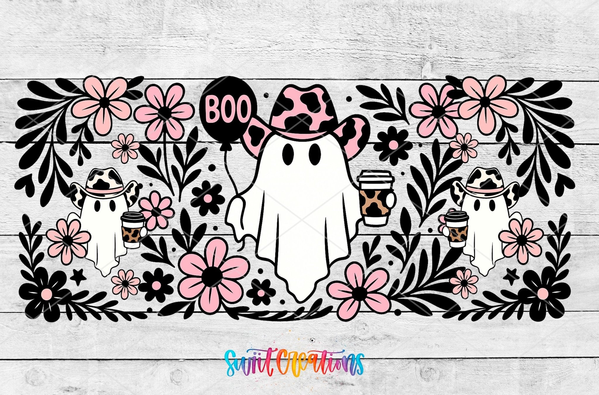 Boo Cowgirl Ghost UV DTF Transfer Tumbler Wrap | Pink Floral Western Ghost Cup Decal | DTF274 - Swiit Creations