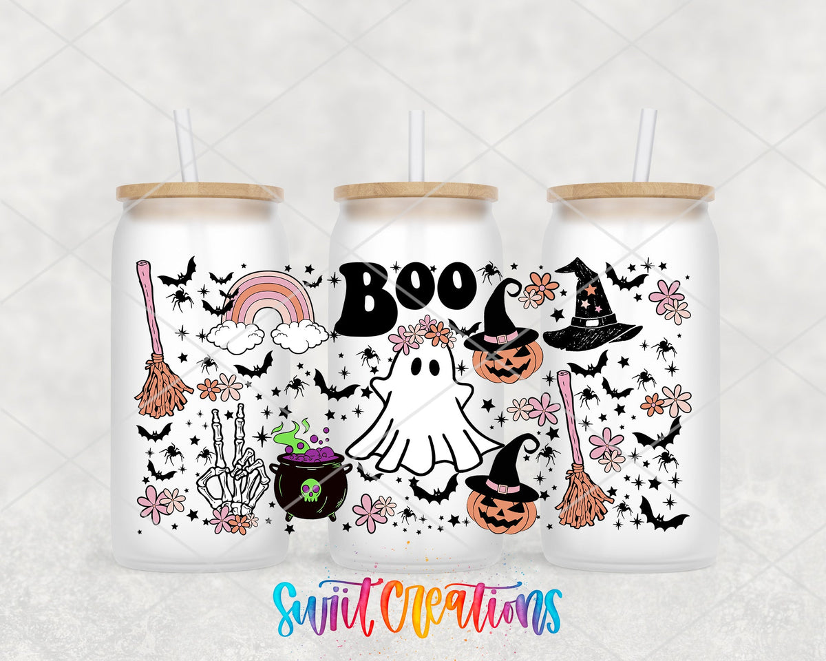 Boo UV DTF wrap on three frosted glass cans