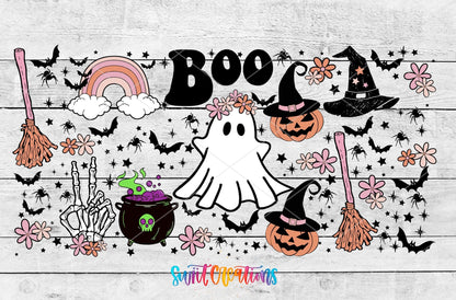 Boo UV DTF wrap artwork on a white wood background