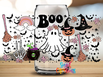 Close-up of the Boo UV DTF wrap on a clear glass can