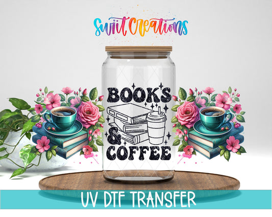 Books And Coffee UV DTF Transfer Tumbler Wrap | Floral Book Lover Coffee Cup Decal | DTF263 - Swiit Creations
