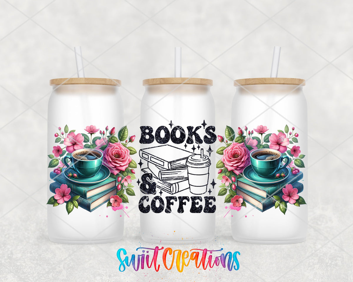 Books and Coffee UV DTF wrap on three frosted glass cans