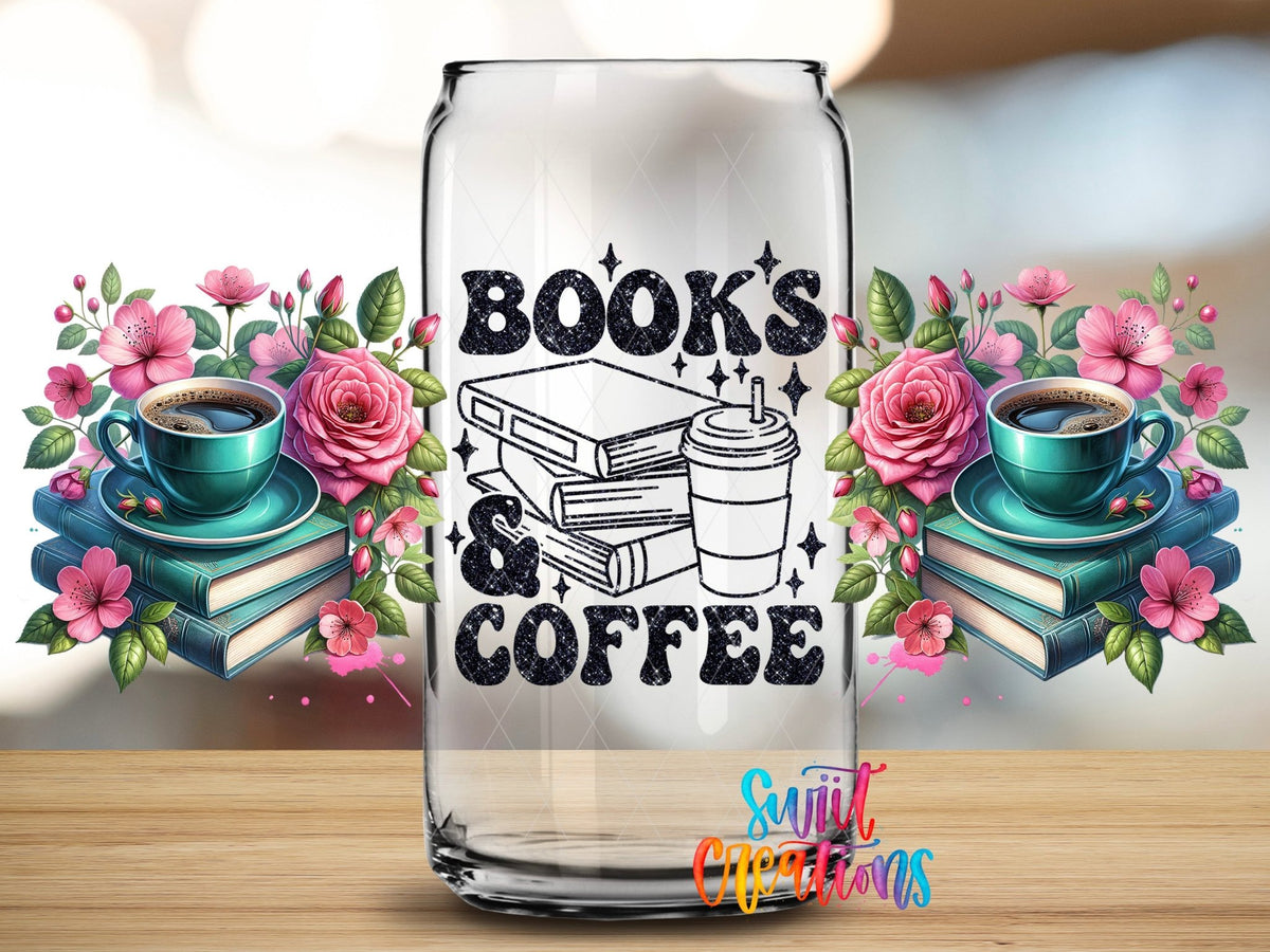 Close-up of the Books and Coffee UV DTF wrap on a clear glass can