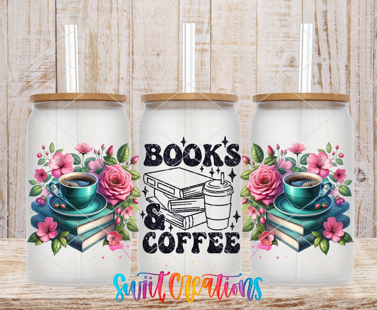 Books and Coffee UV DTF wrap on three clear glass cans with bamboo lids