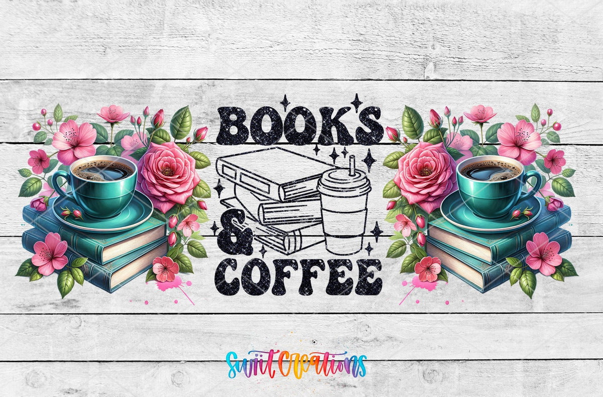 Books and Coffee UV DTF wrap artwork on a white wood background