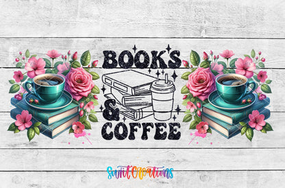 Books and Coffee UV DTF wrap artwork on a white wood background