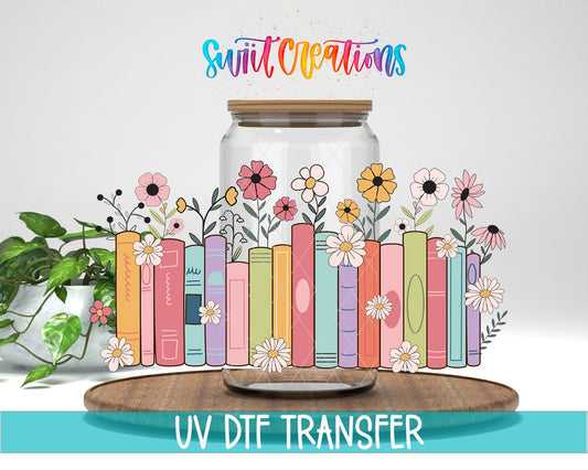 Books And Flowers UV DTF Transfer Tumbler Wrap | Pastel Floral Bookshelf Cup Decal | DTF207 - Swiit Creations
