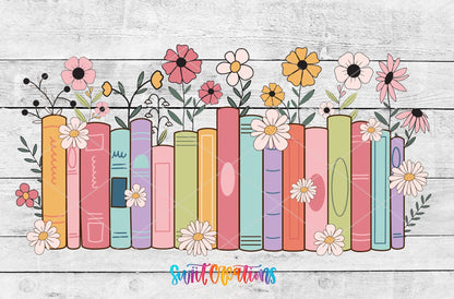 Books and Flowers UV DTF wrap artwork on a white wood background