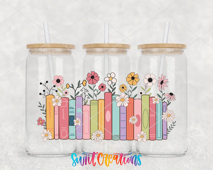Books and Flowers UV DTF wrap on three glass cans