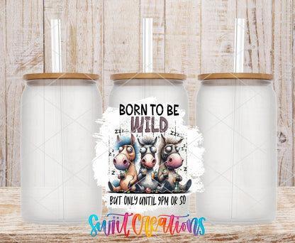 Born to Be Wild UV DTF transfer on frosted glass cans with bamboo lids