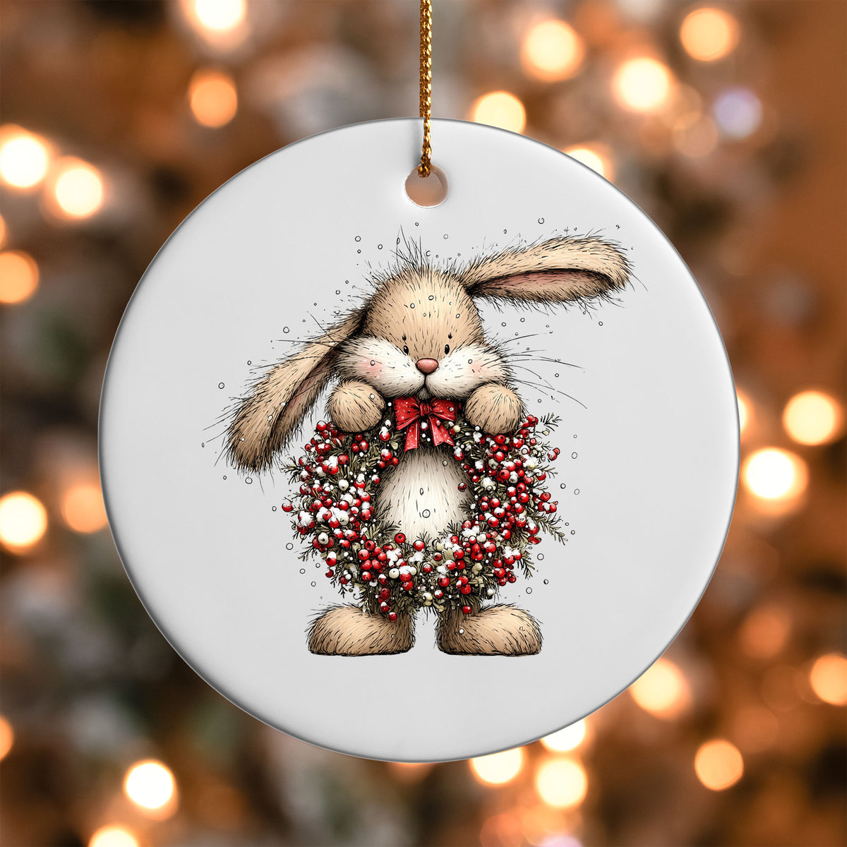 Bunny with Berry Wreath ornament UV DTF transfer on a round white ornament with a bokeh light background