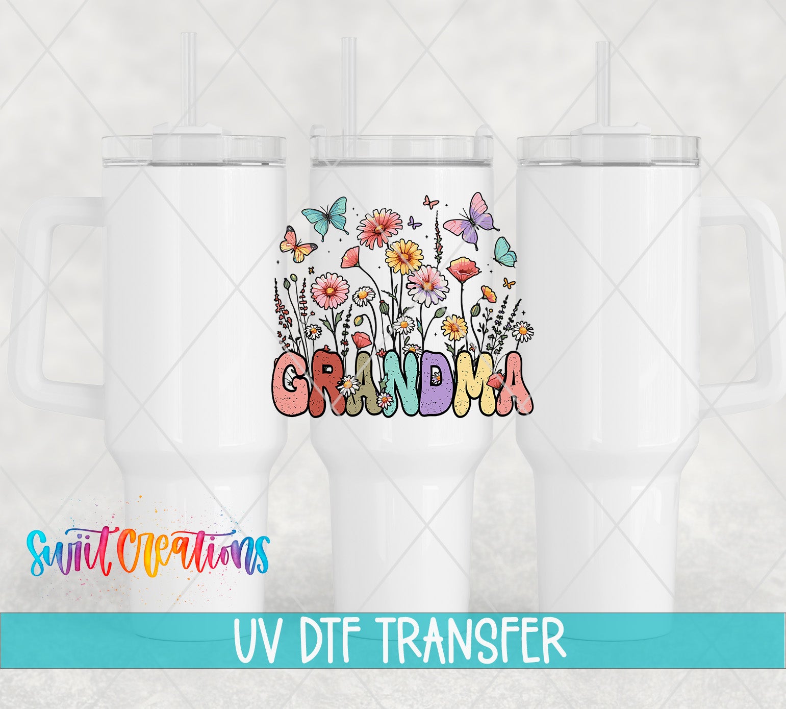 three white tumblers with a colorful floral design and the word "GRANDMA" printed on them.