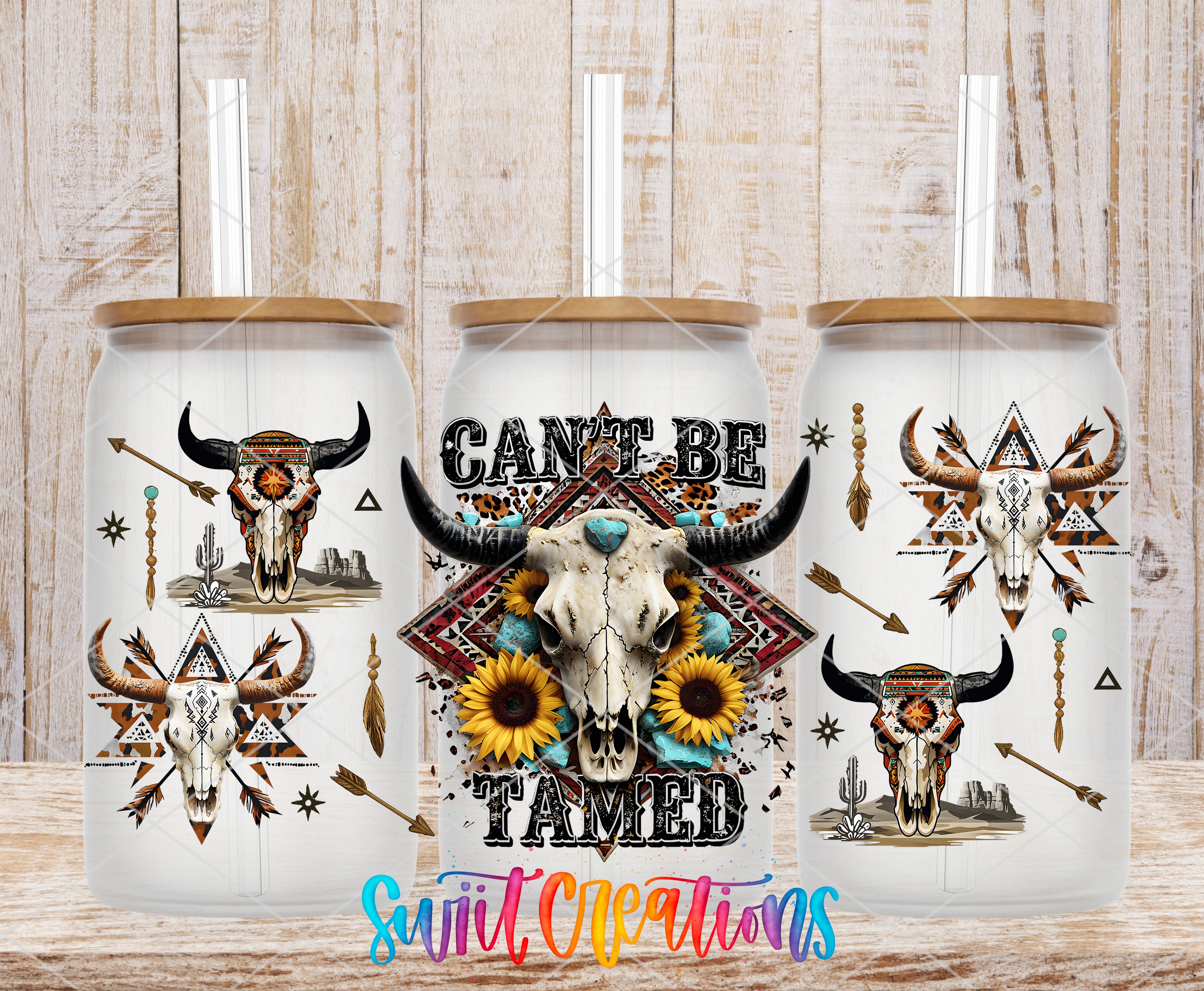 three white ceramic tumblers with various designs and text printed on them.