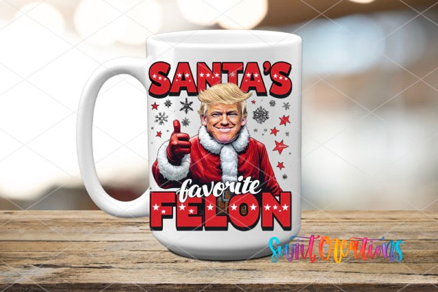 a coffee mug with a picture of a man in a santa's hat