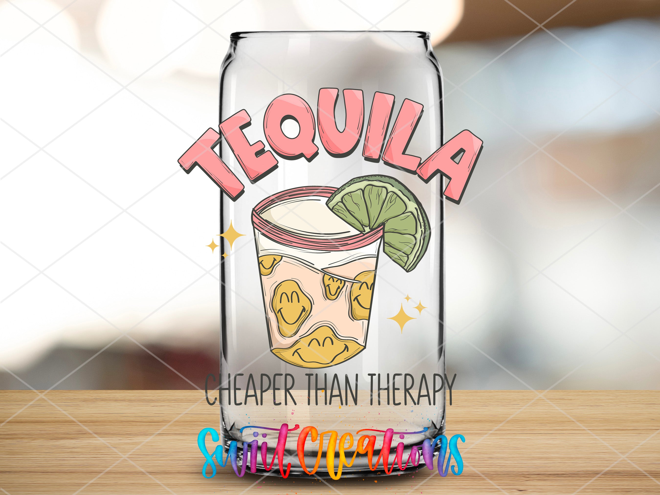 a glass with a picture of a drink in it