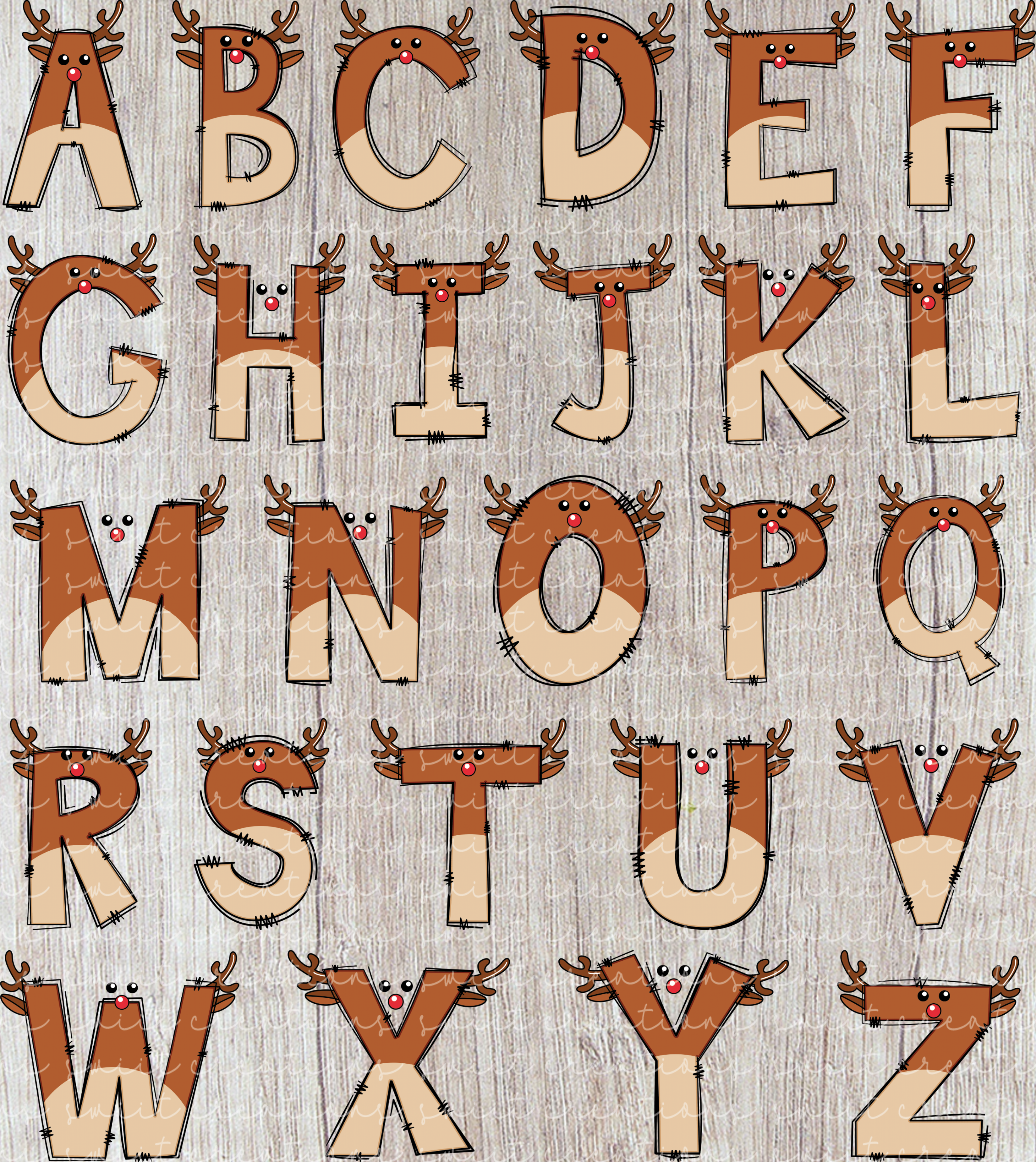 the alphabet of letters, each one with a reindeer face drawn on it.