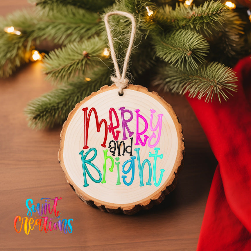 A wooden ornament with the text "Merry and Bright" hanging from a tree branch, surrounded by pine needles and twinkling lights.