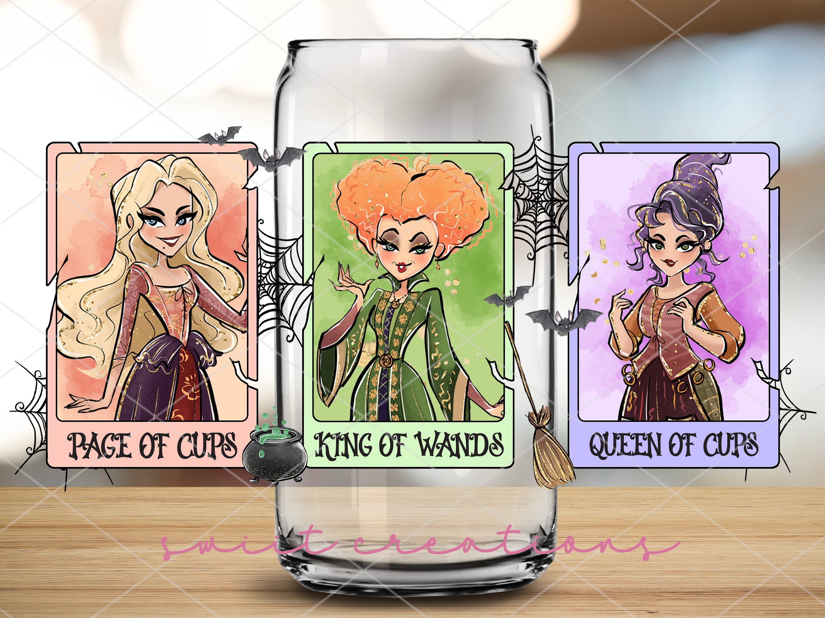 a glass with a picture of a girl and a picture of a witch