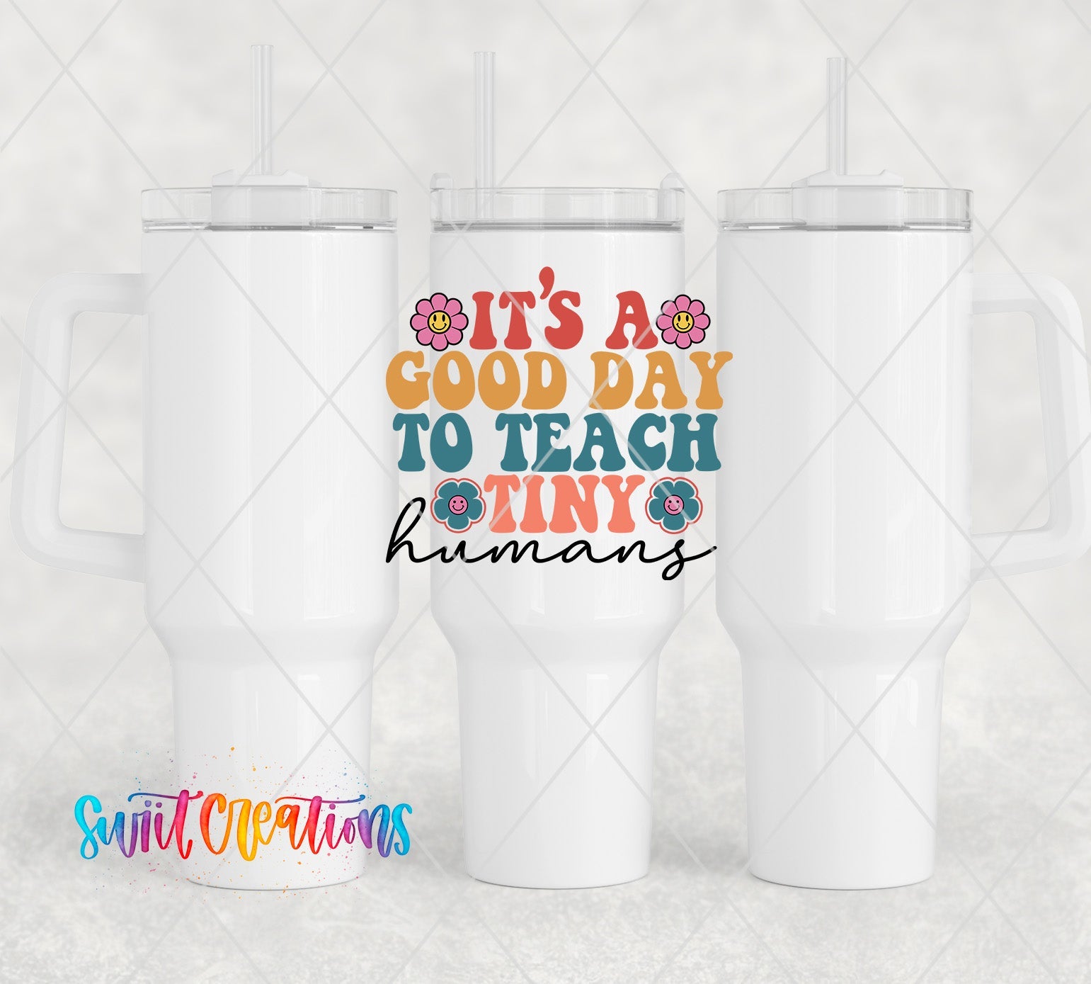three white coffee mugs with colorful lettering on them