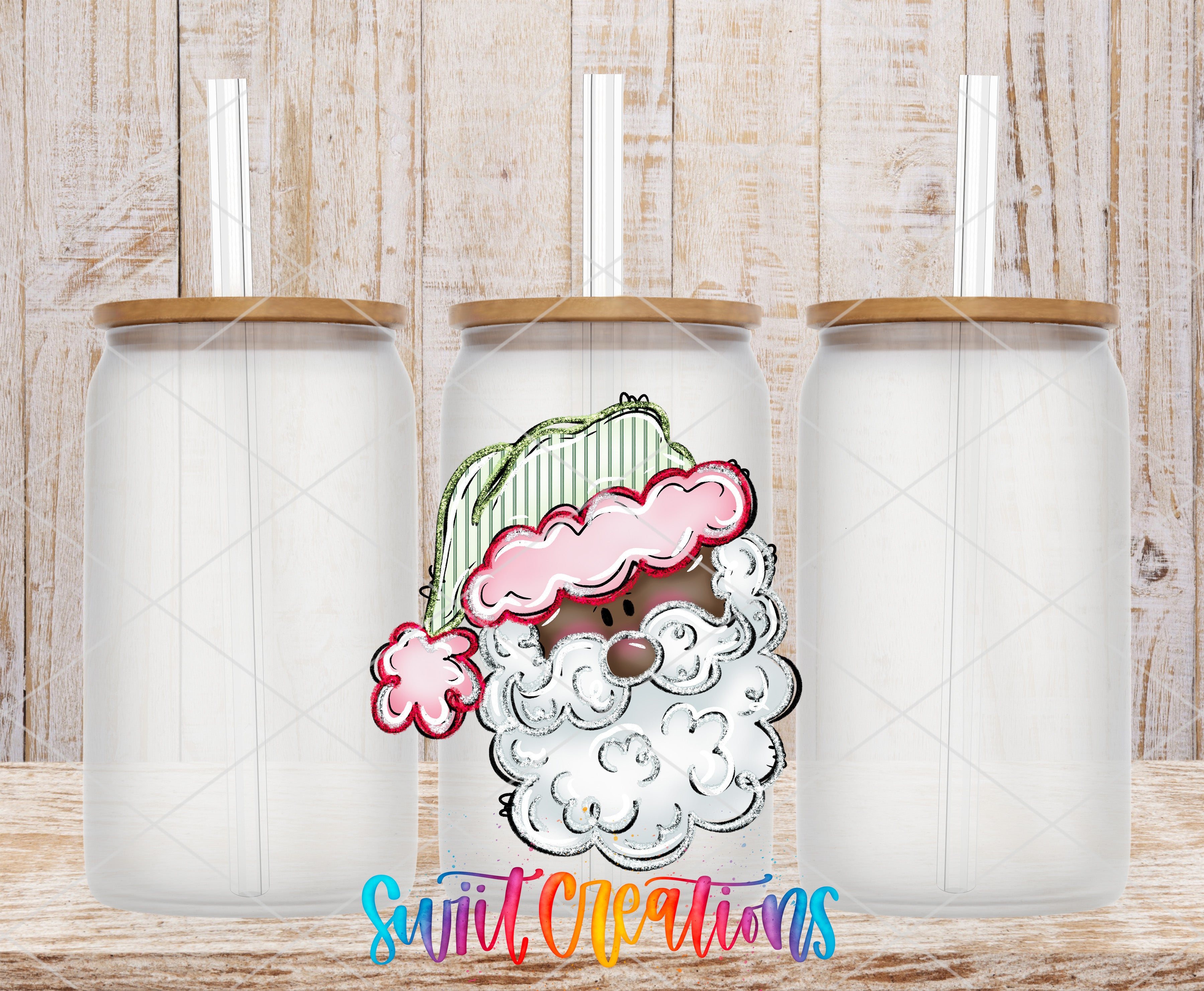 three clear glass jars with lids, each with a straw sticking out of the top. The jars are arranged in a row, and there is a colorful illustration of a Santa Claus face on one of the jars.