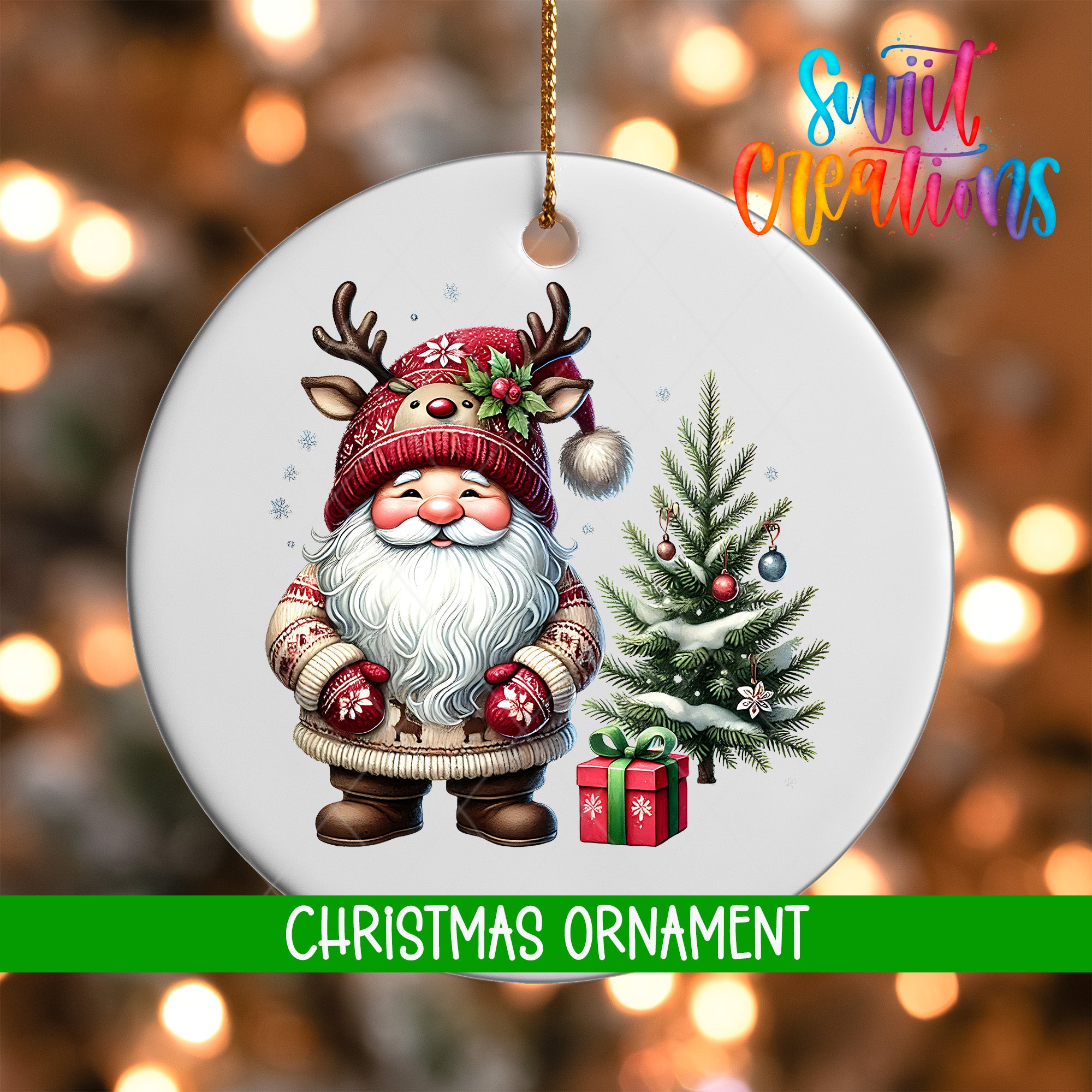 A white Christmas ornament featuring a smiling Santa Claus wearing a red hat and mittens, standing next to a decorated Christmas tree with presents underneath.