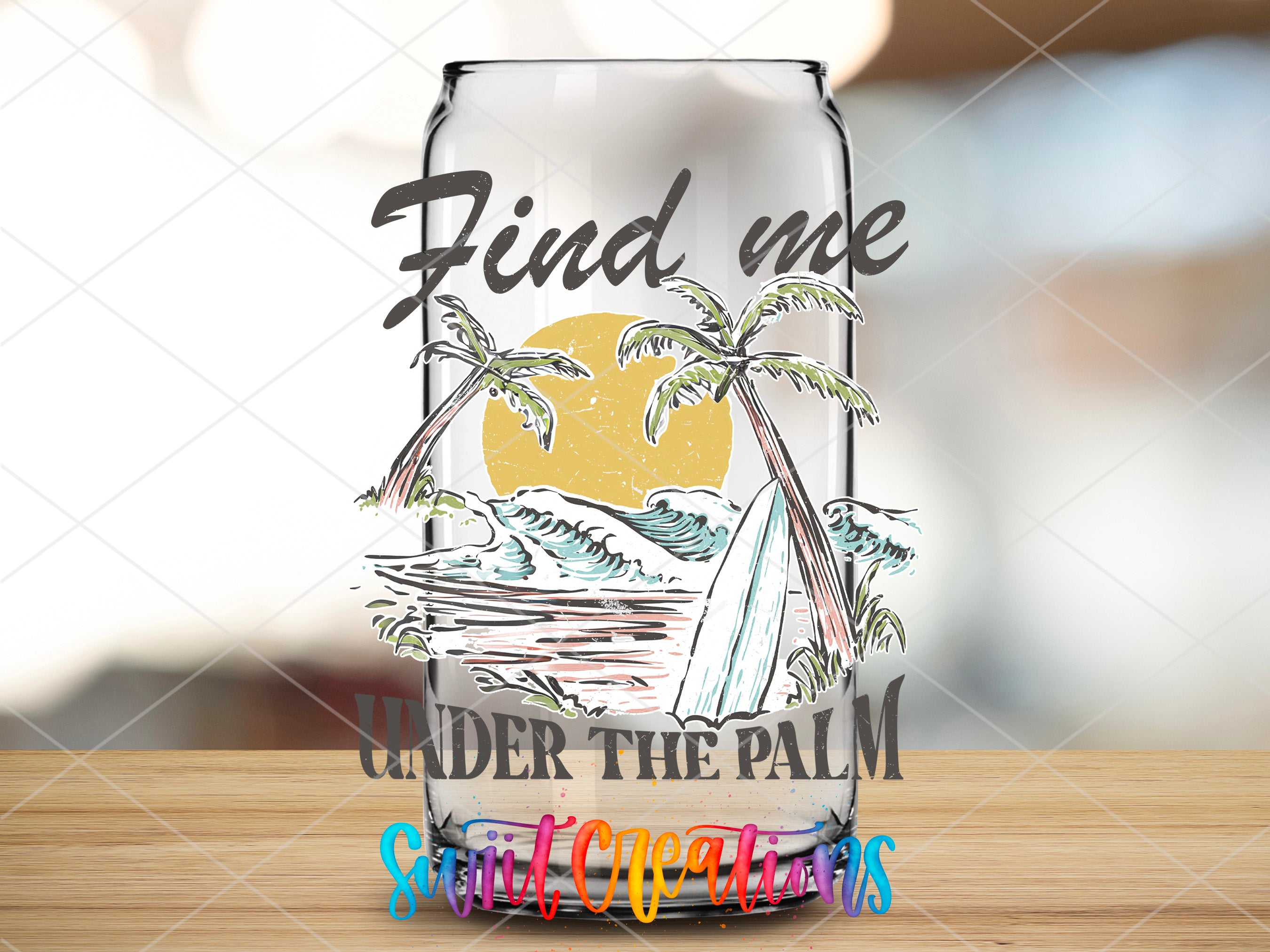 a glass with the words find me under the palm on it