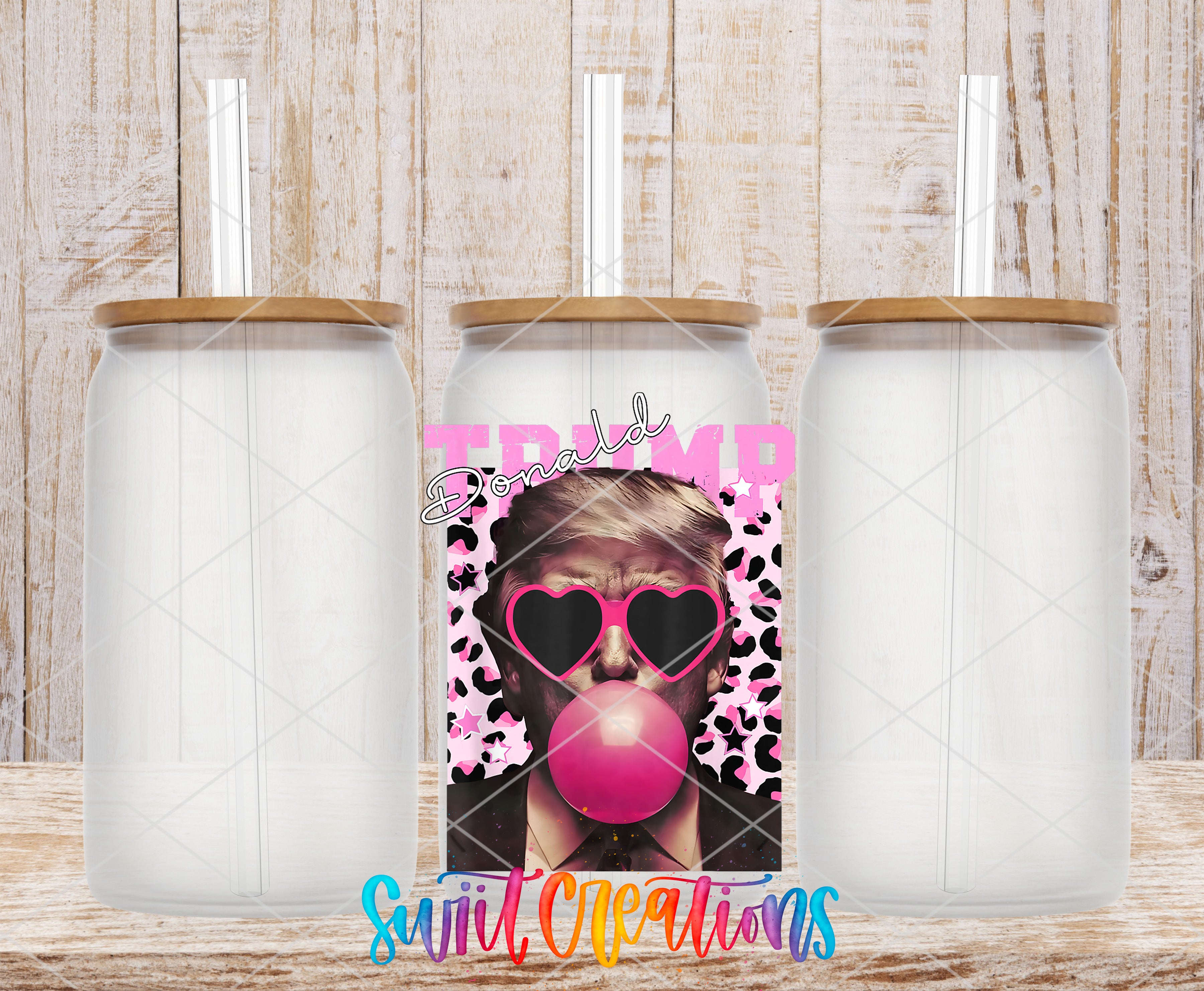 A collage of three images featuring a man wearing sunglasses and a pink bubblegum bubble, with the text "Donald Trump" and "Swift Creations" displayed.